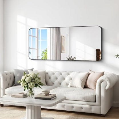 BONEWEI 66x30 inch Large Bathroom Mirror,Black Rectangle Mirror,Wall Mounted Bathroom Frame Vanity Mirror with Round Corner for Bedroom Living Room, Entryway Hangs Horizontal or Vertical