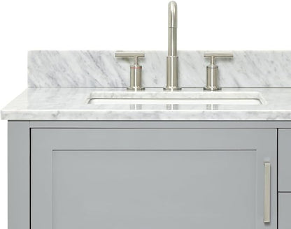 ARIEL Bayhill 72-inch Bathroom Vanity with Sink,Solid Wood, 0.75-inch Italian Carrara Marble Countertop, Double Rectangular Porcelain Sink, 2 Soft Closing Doors, 3 Dovetail Drawers, Grey
