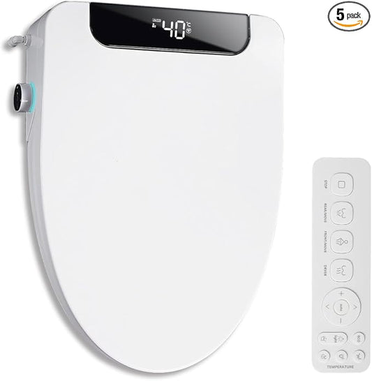 Heated Bidet Toilet Seat Elongated with LED Display & Remote Control - Smart Soft Close Toilet Seat Electric Bidet with Dryer, Warm Water, Feminine Wash, Self-Cleaning Nozzle, IPX4, White