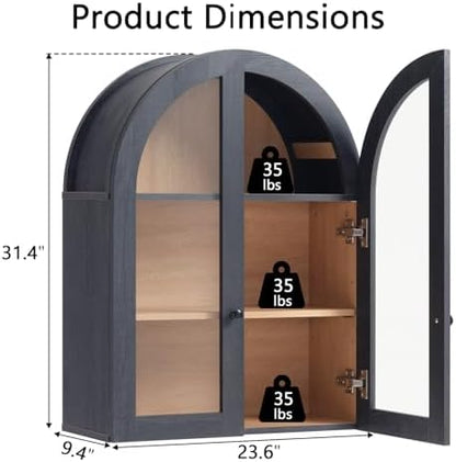 Bathroom Arched Wall Cabinet, 23.5'' Wide Medicine Cabinet, Wall Mount with Glass Doors & Adjustable Shelves, Over the Toilet Storage Cabinet for Laundry Room, Bedroom, Kitchen, Grey Black