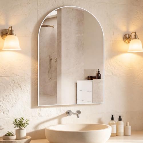 Wall Mounted Mirror, Arched Wall Mirror for Bathroom, 24"x36" Arch Bathroom Mirror with Metal Frame, White Vanity Mirror Decor for Mantle, Bedroom, Entryway, Living Room