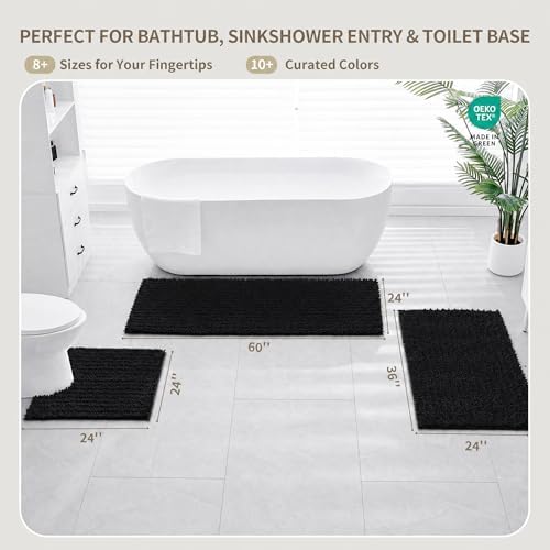 Bathroom Rugs Non Slip Washable 44x24, Extra Thick Soft Chenille Absorbent Bath Mat, High Density Barrier Non Slip Backing, Quick Dry Plush Shaggy Floor Carpet for Tub&Shower, Black