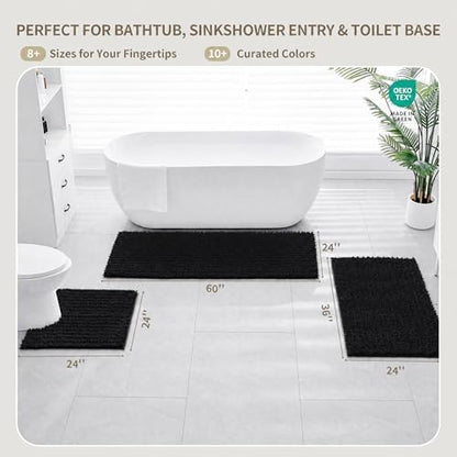 Toilet Rugs U-Shaped Mat 24x24, Contour Bathroom Mat - Ultra Soft & Absorbent Chenille, Quick-Dry, Machine Washable with Non Slip Barrier Backing, Black