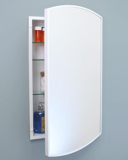 Fox Hollow Furnishings 16x26 Harper Crescent Metal Framed Rectangle Recessed Bathroom Medicine Cabinet, Arced Mirror, 14x24 in-Wall Opening, Adjustable Glass Shelves, Magnet Close, White