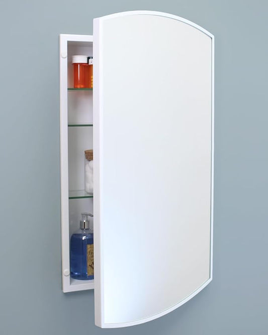 Fox Hollow Furnishings 16x26 Harper Crescent Metal Framed Rectangle Recessed Bathroom Medicine Cabinet, Arced Mirror, 14x24 in-Wall Opening, Adjustable Glass Shelves, Magnet Close, White