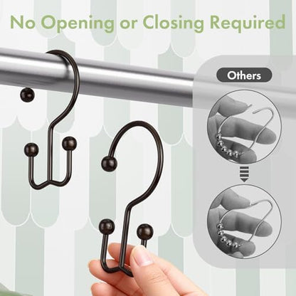 Amazer Bronze Shower Curtain Hooks, 12PCS Minimalist Simple Double Shower Curtain Rings, Rust-Resistant Metal Shower Hooks Shower Curtain Hangers, Shower Rings for Bathroom Shower Rods Curtains