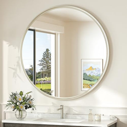 TokeShimi 36 in Round Brushed Nickel Mirror, Tempered Shatterproof Circle Wall Mirror, Farmhouse Metal Mirrored for Restroom, Entryway, Bedroom, Vanity, Living Room