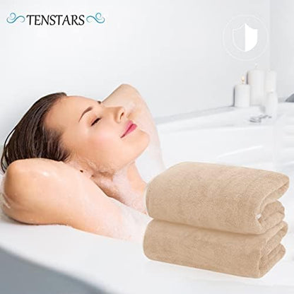 TENSTARS Silk Hemming Bath Towels for Bathroom Clearance - 27 x 55 inches - Light Thin Quick Drying - Soft Microfiber Absorbent Towel for Bath Fitness, Sports, Yoga, Travel, Gym - 2 Pack, Brown