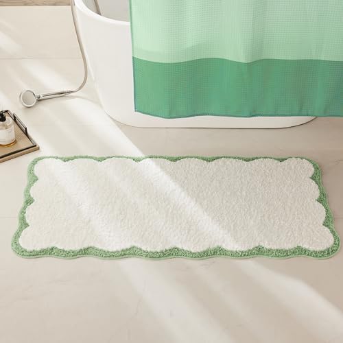 Ohocut Luxury Microfiber Scalloped Runner Rug, Sage Green Scalloped Piping White Long Bathroom Rug Cute Aesthetic Bath Mat for Bathroom, Tub, Sink, Shower, Anti Slip, Extra Soft, Absorbent, 47x24