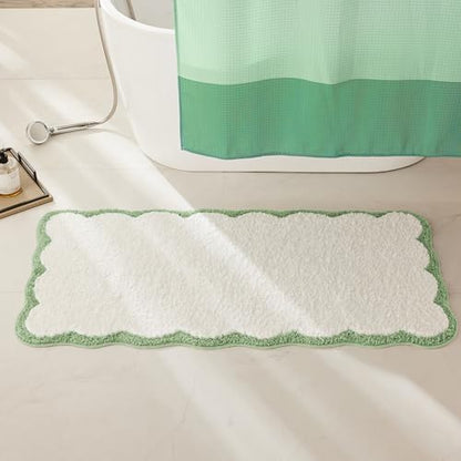 Ohocut Luxury Microfiber Scalloped Runner Rug, Sage Green Scalloped Piping White Long Bathroom Rug Cute Aesthetic Bath Mat for Bathroom, Tub, Sink, Shower, Anti Slip, Extra Soft, Absorbent, 47x24