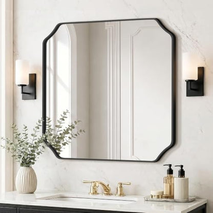 Delma Bathroom Vanity Mirror, Black Framed Aluminum Bathroom Mirror for Over Sink, Scalloped Round Corner Wall Mirror, High-Definition Vanity Mirror, Hangs Horizontally or Vertically (30x30,Black)
