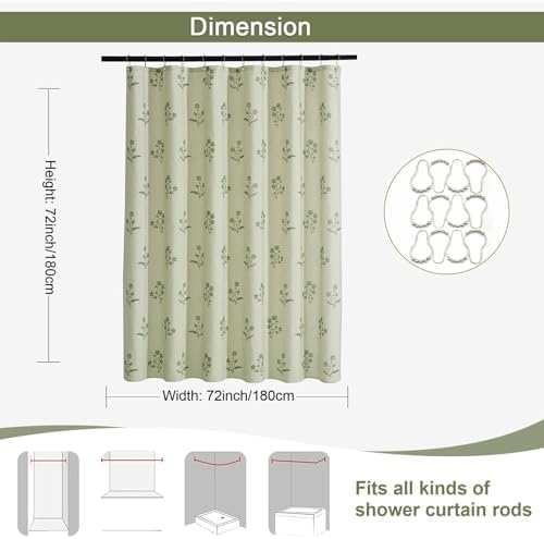 ORTIGIA Farmhouse Vintage Sage Green Floral Shower Curtain Block Print Linen Shower Curtains Set Boho Cottagecore Rustic Decor for Bathroom 72 W x 72 L