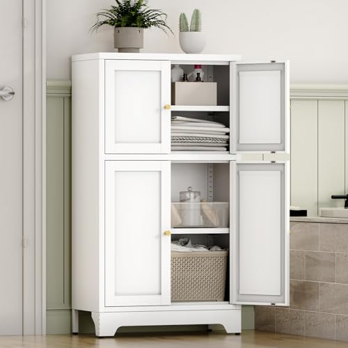 YAUWOH White Bathroom Floor Cabinet, Metal Storage Cabinet with 2 Adjustable Shelves & 4 Doors,Freestanding Sideboard for Dining Room,Living Room, Home Office