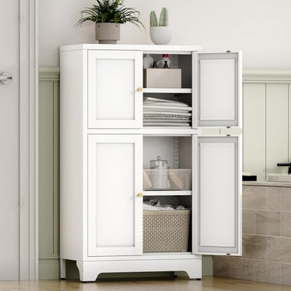 YAUWOH White Bathroom Floor Cabinet, Metal Storage Cabinet with 2 Adjustable Shelves & 4 Doors,Freestanding Sideboard for Dining Room,Living Room, Home Office