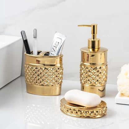 3-Piece Gold Ceramic Bathroom Accessories Set - Luxurious Soap Dispenser, Toothbrush Holder & Soap Dish with Modern Geo Embossed Design for Bathroom Accessory Set