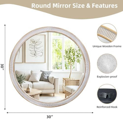 30 Inch Round Mirror, Rustic Farmhouse Circle Mirrors for Wall Decor