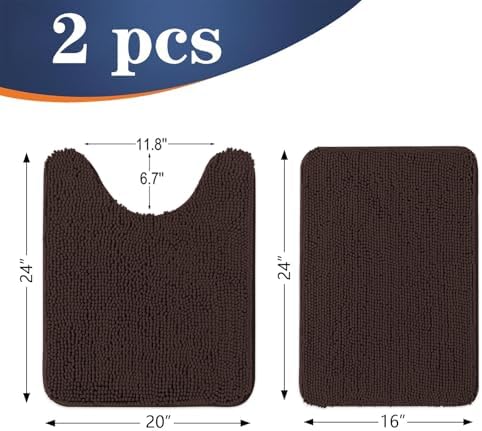 OLANLY Chenille Bathroom Rugs Mats Sets 2 Piece, 24"x16"+24"x20", Brown
