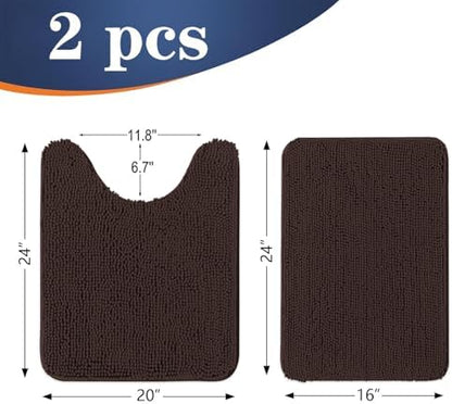 OLANLY Chenille Bathroom Rugs Mats Sets 2 Piece, 24"x16"+24"x20", Brown