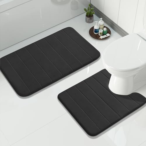 Yimobra Memory Foam Bathroom Mat Set, 31.5 x 20 & 24 x 20 in, Black