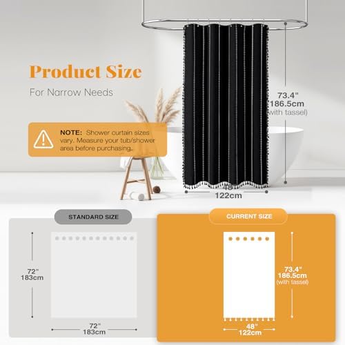 BTTN 48 x 72 Boho Linen Heavy Duty Cloth Shower Curtain Set, Black White