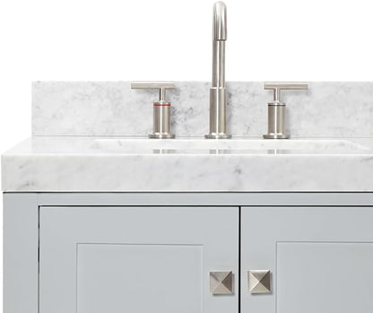 ARIEL Cambridge 60-inch Bathroom Vanity with Sink,Solid Wood, 2-inch Italian Carrara Marble Countertop, Double Rectangular Porcelain Sink, 4 Soft Closing Doors, 6 Dovetail Drawers, Grey