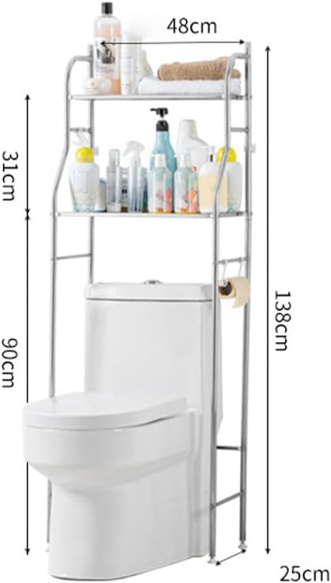 2-Tier Over The Toilet Storage, Over Toilet Bathroom Organizer, Freestanding Metal Bathroom Shelves, Over The Toilet Organizer with Hooks and Paper Holder, Space-Saving, Stainless Steel