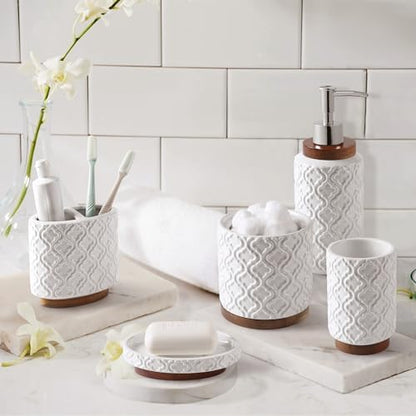 RQYIXI Ceramic Bathroom Accessories Set,White,5 Piece,Embossed Design
