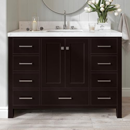 ARIEL Cambridge 48-inch Bathroom Vanity with Sink,Solid Wood, 1.5-inch Carrara White Quartz Countertop, Single Rectangular Porcelain Sink, 2 Soft Closing Doors, 9 Dovetail Drawers, Espresso