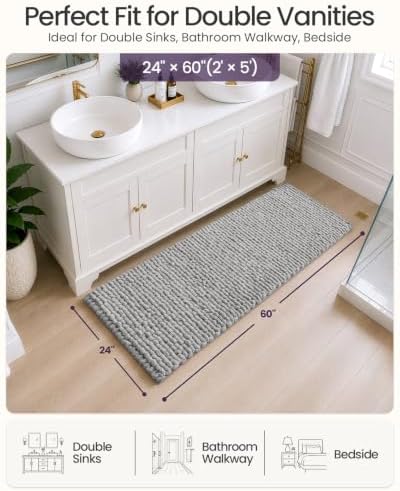 DEXI Bathroom Runner Rugs 60x24, Non Slip Chinelle Bath Mat, Light Grey
