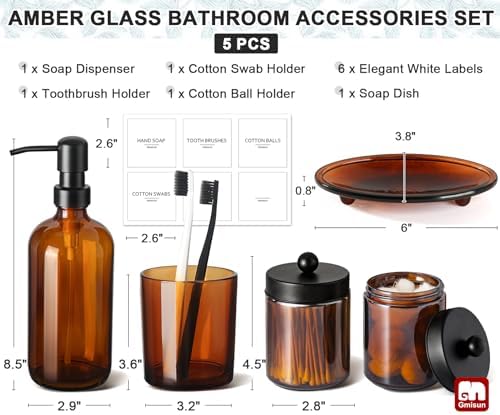 GMISUN Bathroom Accessories Set, 5 Pack Amber Glass Bath Accessory Sets Complete, Brown Soap Dispenser and Toothbrush Holder Bathroom Counter Sink Set with Labels, Rustic Modern Vintage Bathroom Decor