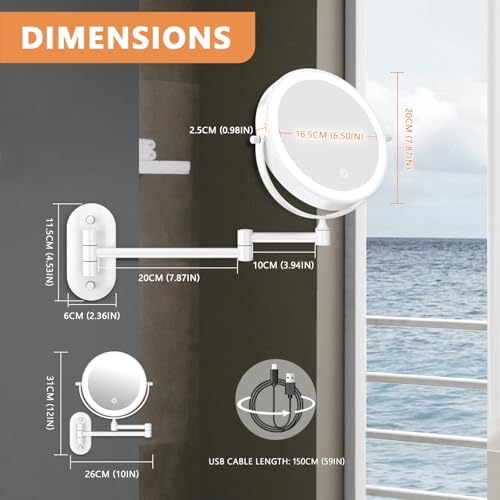 Auxmir 1X/30X Wall Mounted Makeup Mirror, 8" Rechargeable Magnifying Mirror