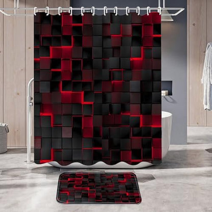 LQCOOL 4Pcs Shower Curtain Set with Rugs, Modern Bathroom Set Black Red