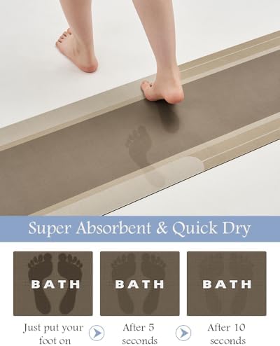 MontVoo-Bath Mat Rug Long Non Slip Super Absorbent Bathroom Runner Stain Resistant Quick Dry Thin Bathroom Mat Fit Under Door-17"x70",Beige