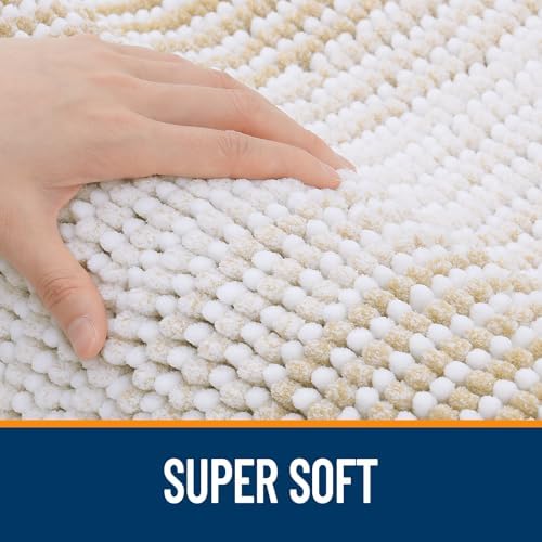 OLANLY Bathroom Runner Rugs 47x20, Soft Chenille Striped Bath Rugs, Beige