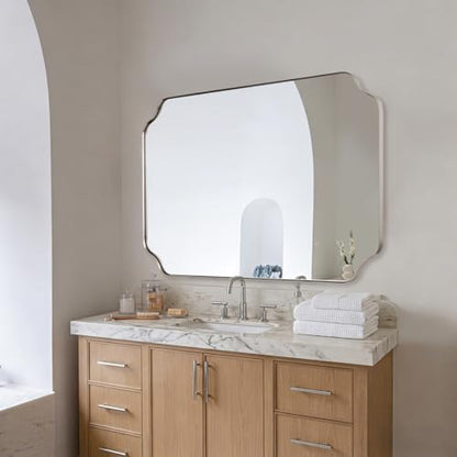 MIRRORART Brushed Nickel Mirrors for Bathroom, 30x40 Large Scalloped Mirrors for Bathroom Sink, Notched Corner Rectangle Silver Mirror in 1’’ Stainless Steel Metal Frame Hang Vertical/Horizontal