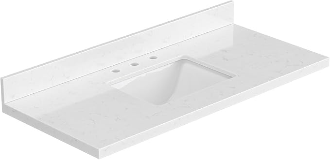 ARIEL 48 inch Bathroom Vanity top with Sink, 1.5 Inch Thick Miter Edge Carrara White Quartz top, Rectangle Single Porcelain Sink, Includes Backsplash
