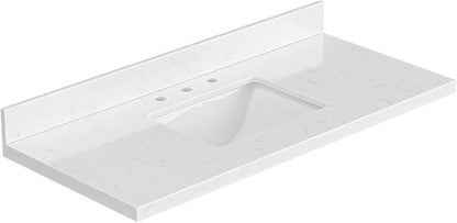 ARIEL 48 inch Bathroom Vanity top with Sink, 1.5 Inch Thick Miter Edge Carrara White Quartz top, Rectangle Single Porcelain Sink, Includes Backsplash