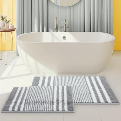 BSICPRO Bathroom Rugs Sets 2 Piece, Non Slip Striped Bath Mats, Light Grey