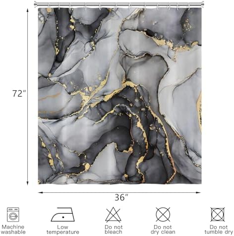 Black Marble Shower Curtain, Modern Abstract Luxury Black Gold Ink Texture Watercolor Art Bathroom Curtains Ombre Machine Washable Waterproof Fabric Bathtub Curtain Set with Hooks 36" Wx72 L