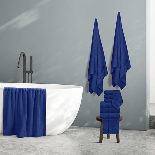 Belizzi Home 100% Cotton Towel Set, Contains 6 Soft Bath Towel, 6 Hand Towels, 12 Wash Cloths - Compact Absorbent Lightweight & Quickdry Towels for Bathroom - 24 Piece Bathroom Towel Set - Navy Blue