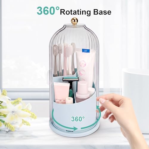 QIYVLOS Toothbrush Holders with Sliding Lid, Rotating 3 Slots Bathroom Organizer Countertop, Tooth Brush Toothpaste Holder Bathroom Counter Stand Sink Organizer Caddy for Makeup Brushes Holder (Blue)