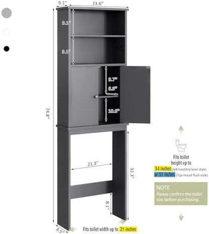 Over the Toilet Storage Cabinet for Bathroom, Storage Cabinets Over Toilet, Bathroom Floor Mounted Cabinet Space Saver with Adjustable Shelf and 2 Open Shelves, 75in, Grey