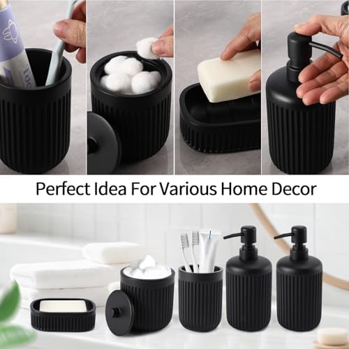 XLHOMO Black Resin Bathroom Accessories Set 5 Pcs, Bathroom Accessory Set Includes Foaming Soap Dispenser, Lotion Soap Dispenser, Toothbrush Holder, Qtip Holder, Soap Dish, for Modern Home Apartment