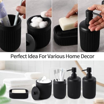 XLHOMO Black Resin Bathroom Accessories Set 5 Pcs, Bathroom Accessory Set Includes Foaming Soap Dispenser, Lotion Soap Dispenser, Toothbrush Holder, Qtip Holder, Soap Dish, for Modern Home Apartment