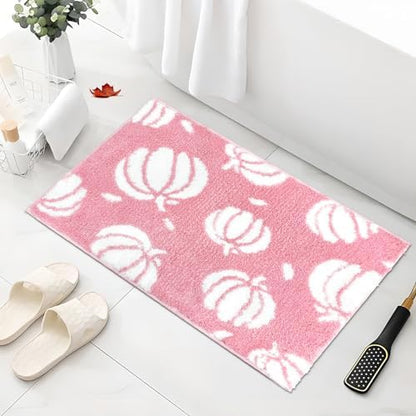 APROPHIC Fall Pumpkin Bath Mats for Bathroom, Thanksgving Super Absorbent Non-Slip Microfiber Shaggy Bath Rugs, Autumn Bathroom Mat for Shower, Tub, Sink, Decor, Machine Washable, 20x30 in, Pink