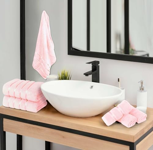 Luxury Pink Towel Set of 8-2 Bath Towels 2 Hand Towels 4 Washcloths - 600 GSM 100% Cotton Ring Spun Viscose Border Towels Set - Light Pink