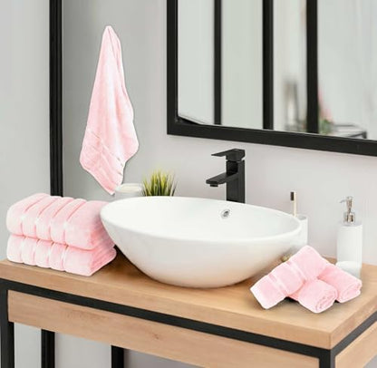 Luxury Pink Towel Set of 8-2 Bath Towels 2 Hand Towels 4 Washcloths - 600 GSM 100% Cotton Ring Spun Viscose Border Towels Set - Light Pink