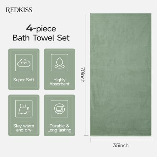 REDKISS Luxury Bath Towels Set of 4, 35x70 in, Highly Absorbent & Quick Dry, Super Soft Extra Large Premium Thick Cotton Green Bath Sheets for Shower, Hotel, Bathroom, Spa