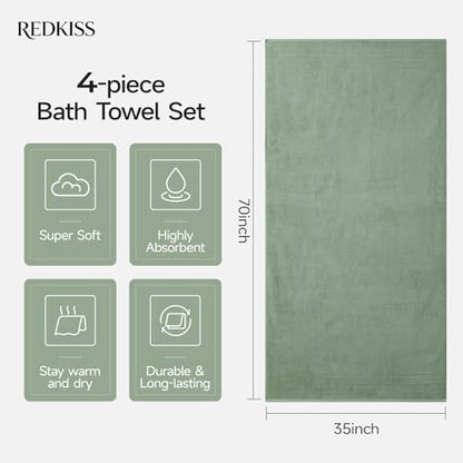 REDKISS Luxury Bath Towels Set of 4, 35x70 in, Highly Absorbent & Quick Dry, Super Soft Extra Large Premium Thick Cotton Green Bath Sheets for Shower, Hotel, Bathroom, Spa