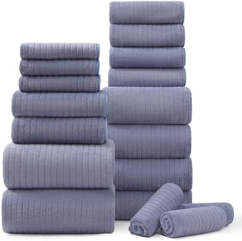 18 Piece Bath Towels Set,Soft Family Bathroom Towel Set with Hanging Loops-6 Bath Towels,6 Hand Towels,6 Washcloths,Highly Absorbent Quick Dry Shower Towel for Bathroom,Hotel,Spa-Wedgewood Towel Set